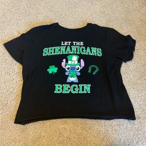 Disney Stitch St Patricks Day Crop Top Black Graphic Tee Small JT23148